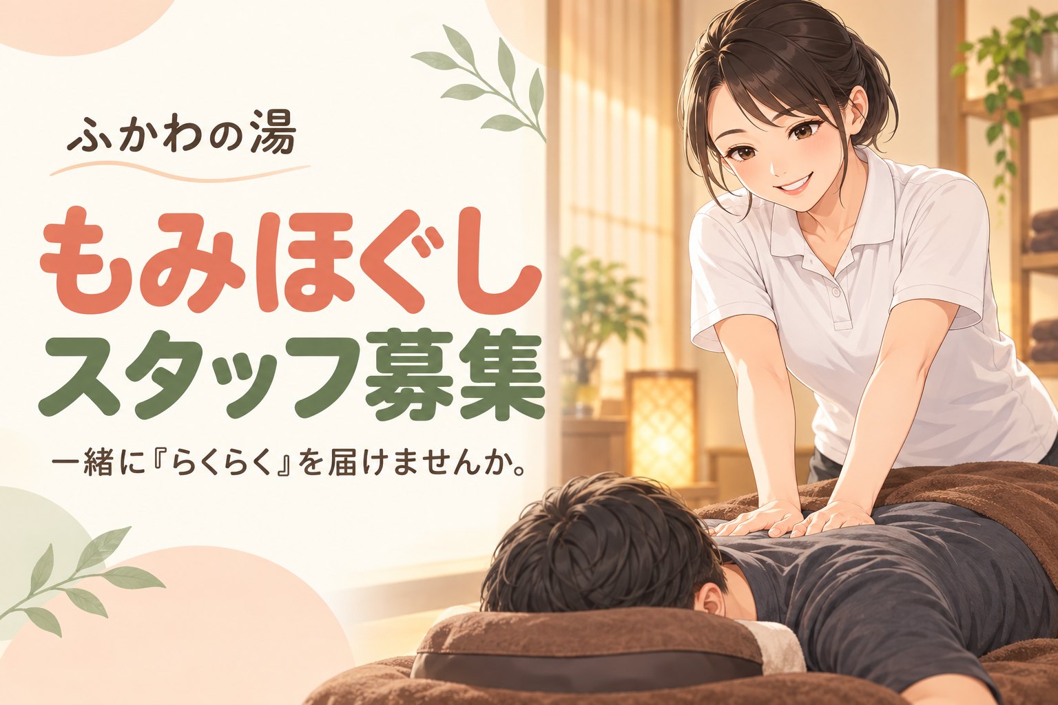 ふかわの湯 もみほぐしスタッフ募集　一緒に『らくらく』を届けませんか。